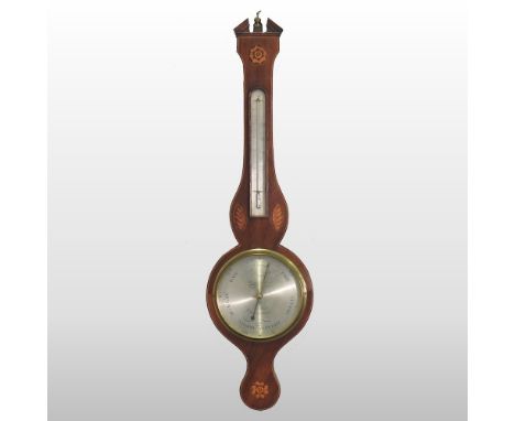 A 19th century mahogany and inlaid wheel barometer, with a silvered dial, 97cm high