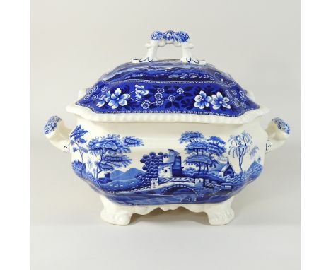 A Spode Blue Tower pattern blue and white pottery tureen and cover, 34cm wide