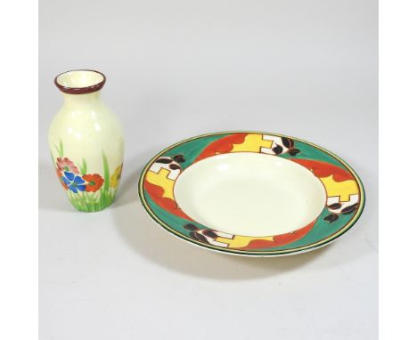A Clarice Cliff Honey Glaze soup plate, 20cm diameter, together with a Clarice Cliff style vase, no1946, 12cmn high