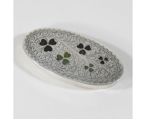 An Edwardian silver and enamelled snuff box, of oval shape, with a hinged lid engraved and enamelled with clover, by William 