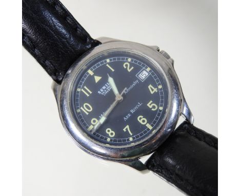 A vintage Liverpool Arc Royal naval gentleman's wristwatch, having a navy blue dial, on a blue  leather strap, boxed