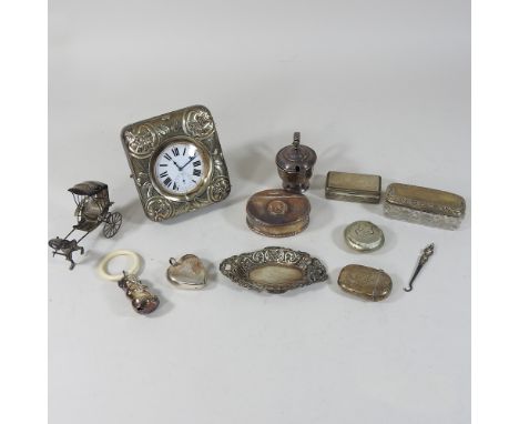 A goliath pocket watch, in an embossed silver travel case, together with a miniature Waikee model of a rickshaw, a snuff box,