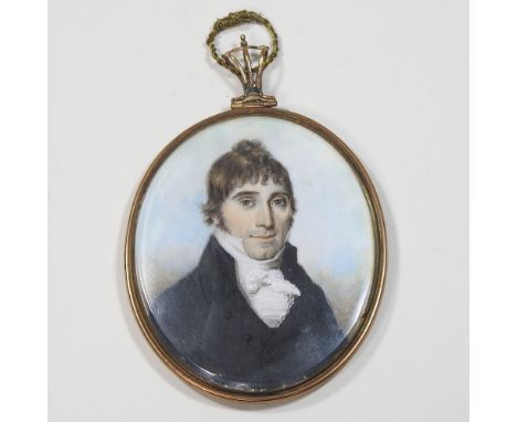 English school, 18th century, portrait miniature of a gentleman, oil on ivory, oval, 7.5 x 6cm, in a brass mount and frame, t