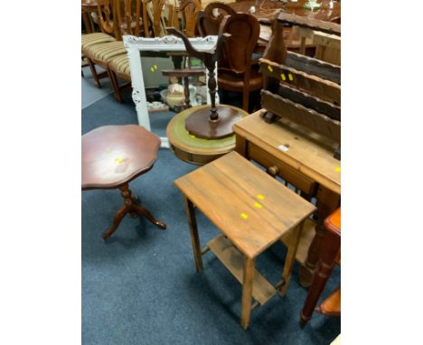 A collection of assorted furniture to include a white mirror, small pine washstand, vintage hanging airer, three occasional t