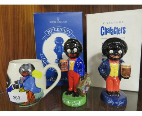 A Royal Doulton limited edition Golly together with similar Coalport figure Farewell Golly and a Golly Bovril mug (3) Notice 