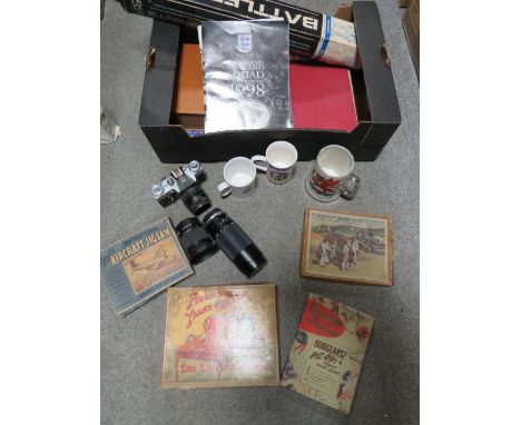 Tram vintage games/puzzle's to include Battling Tops, vintage Zenit E camera, Sony and Miranda 200m lenses together with Sain
