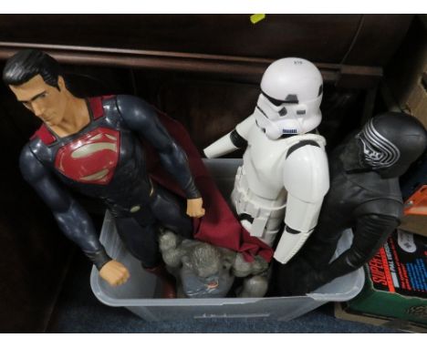 A tub containing Star Wars Kylo Ren figure 800mm tall, Star Wars Storm Trooper 800mm tall, Marvel Superman 800mm tall and Kin