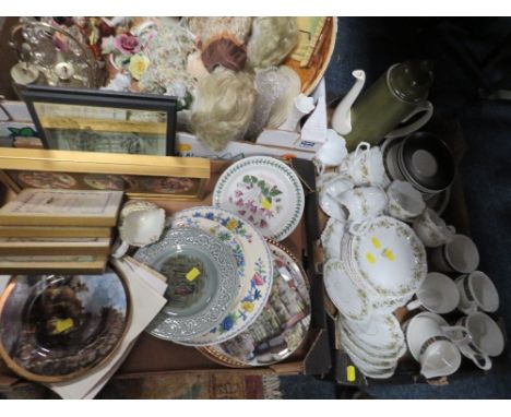 Three trays of ceramics and collectables to include collectors plates porcelain headed doll etc 