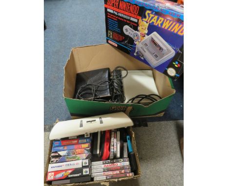 Two X Box 360 consoles, a Super Nintendo Starwing console together with a box of computer games including Nintendo 64 games, 