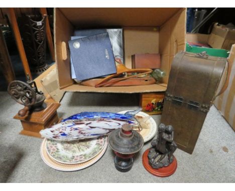 A large box of collectors plates to include Wedgwood and Coalport some boxed, two glass Murano fish, coffee grinder, ornament