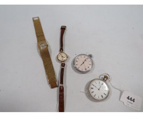 A hallmarked silver manual wind fob watch A/F together with a silver plated example and two wristwatches (4) 