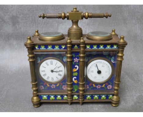 A BRASS AND CLOISONNE CLOCK / BAROMETER DESK COMPENDIUM, the 1.75" twin dials set in a pillared cloisonne banded case surmoun