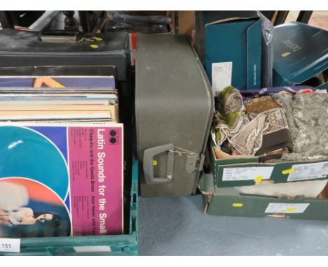 A tray of vintage LP records together with a vintage typewriter and a tray of shoes and scarfs etc 