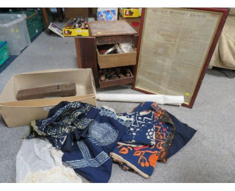 A quantity of block printing and cutting items to include samples of block printing cotton, wooden box with double doors cont
