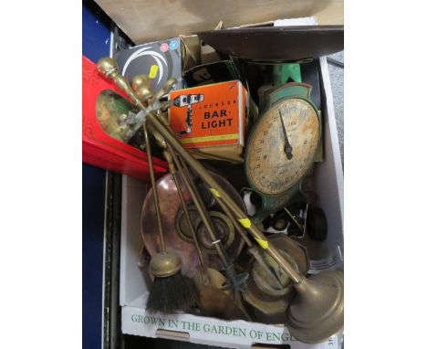 A selection of metal ware and collectables to include scales and weights 