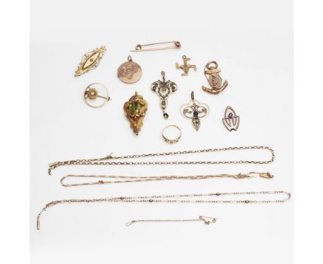 A collection of gold and gem set jewelleryto include a 9ct gold locket, a 9ct gold anchor pendant; a 9ct gold Victorian brooc