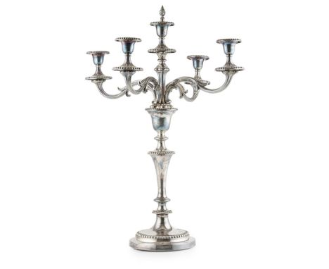 A plated four branch candelabrathe central light with four leaf clasped arms, with beaded decorated sconces and central bud f