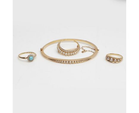 A collection of pearl set jewelleryto include a hinged seed pearl set bangle, unmarked; a five stone pearl set ring, unmarked