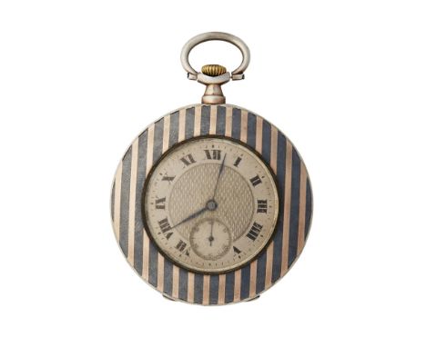 An Art Deco slim-line pocket watchunsigned, silver and mixed metal case decorated in stripes, silvered dial with engine turne
