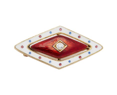 An enamel and diamond set broochof lozenge shape, the red enamel ground set with a small old round-cut diamond, in a white en