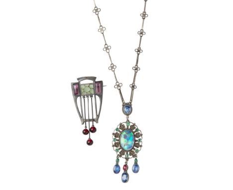 Two Arts & Crafts pendantsto include a multi-gem set pendant necklace, set with a central synthetic opal in a pierced floral 