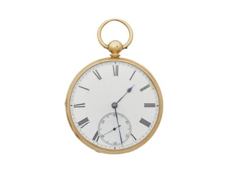 An 18ct gold open faced pocket watchplain enamel dial, Roman numerals, subsidiary seconds dial, enclosed plate movement, the 