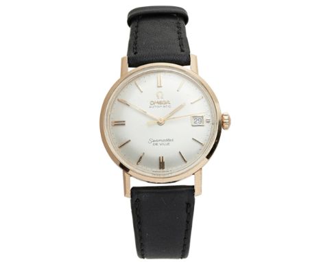 A gentleman's 18ct gold cased wrist watch, OmegaSeamaster De Ville, satin silver dial, sweep second hand, baton indicators, d