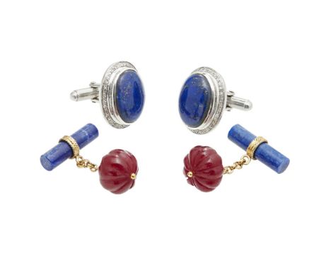 Two pairs of gentleman's cufflinksthe first pair with a carved ruby bead principal terminal, and lapis lazuli baton secondary