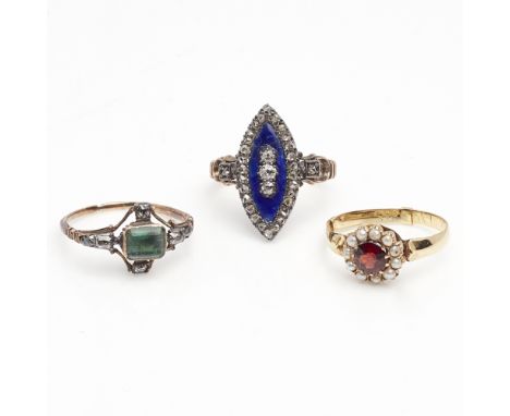 A collection of three Victorian gem set ringsthe first of navette outline, the blue enamel ground onset with three old round-