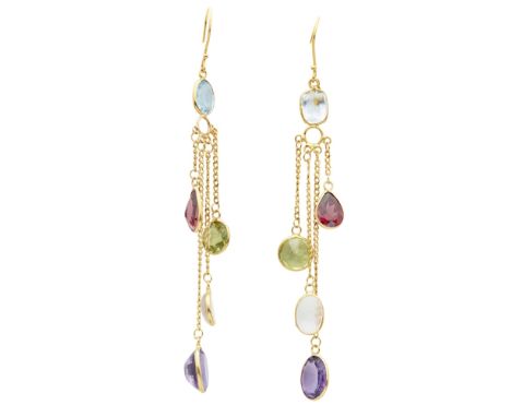 A pair of multi-gem set pendant earringseach collet set with an oval or cushion-cut aquamarine, suspending various coloured g