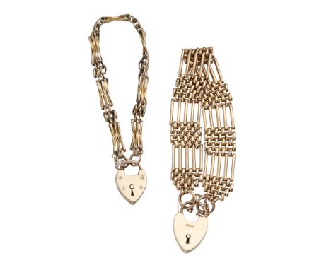 Two gate link braceletsthe first of broad design, stamped 15ct, to a padlock clasp; the second of similar design, stamped 9c,