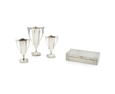 A cased set of spill vasesRoberts & Belk Ltd, Sheffield 1912, comprising three graduated spill vases, the tapered bodies with