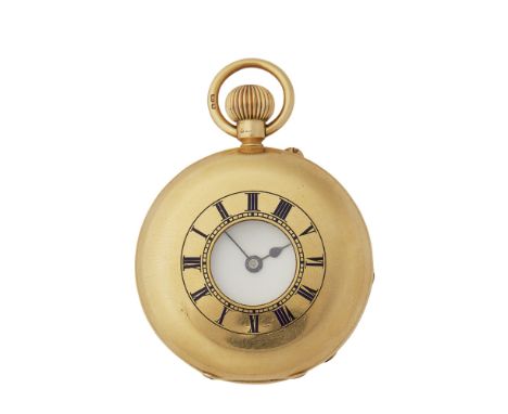 An 18ct gold half-hunter cased pocket watchthe white enamel dial with Roman numerals, with blue enamel roman numerals to the 