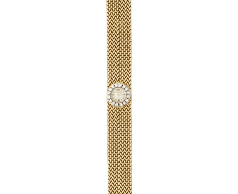 A lady's 18ct gold wrist watch, Jaeger LeCoultreCirca 1960, the small satin finish dial with a bezel set small round cut diam