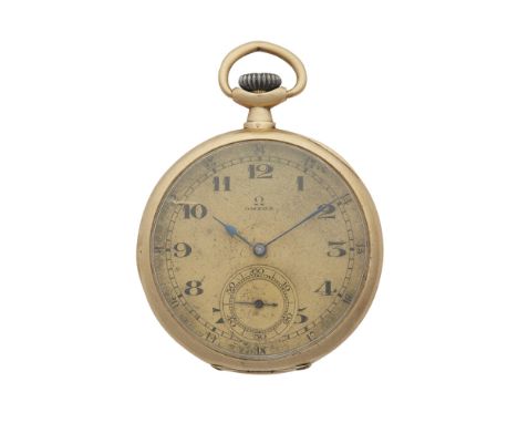 A gentleman's 18ct gold cased pocket watch, Omegagilt dial, subsidiary seconds dial, keyless wind lever movement, engine turn