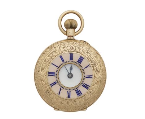 A Victorian gold and enamel half hunter pocket watchthe outer case with pink enamel ring, blue Roman numerals, the case and r