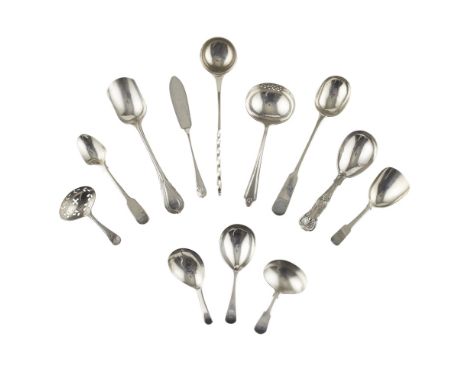 A collection of various pieces of flatware to include;six various caddy spoons, George III various makers, plain fiddle, Old 