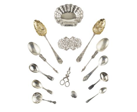 A collection of silver flatware to include;a cast pair of sugar nips, Joseph Willmore, Birmingham 1840, of foliate design; a 