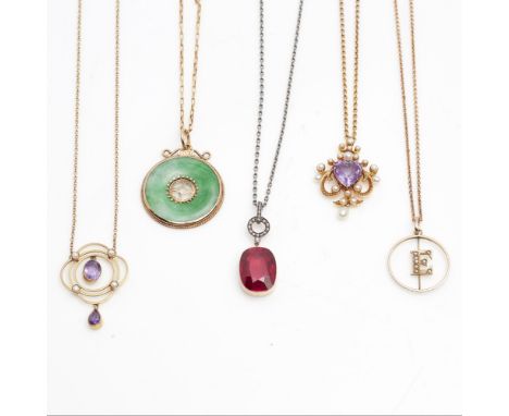 A collection of five gem set pendantsa heart shaped amethyst and seed pearl set Edwardian pendant, to an integral trace link 
