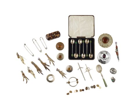 A mixed group of gold, Georg Jensen and Scottish jewelleryto include a pair of 18ct gold cufflinks, engine turned oval termin