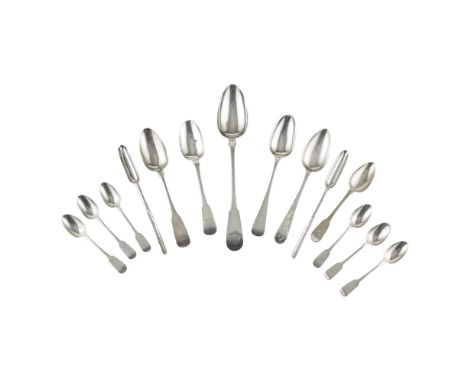 A group of Scottish and other flatware to include;a George III marrow scoop, London circa 1750, another similar modern; a tab