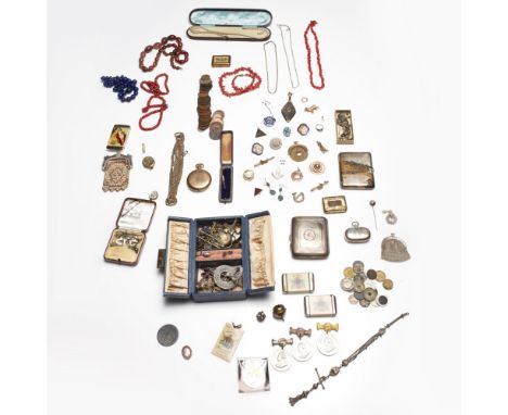 A collection of jewellery, silver and coinsto include a 9ct gold medal, and an unmarked yellow metal purse; a pair of tortois