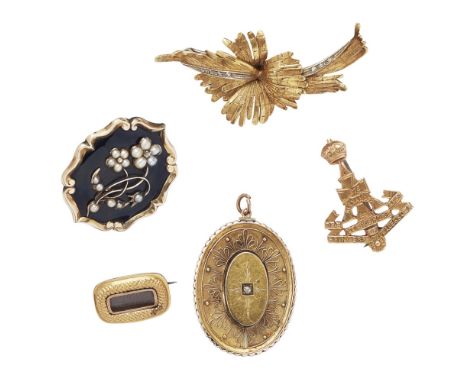 A collection of gem set broochesto include a Victorian enamel and seed pearl set mourning brooch; a mid 20th-century diamond 