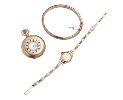 A collection jewelleryto include a gold plated half hunter cased pocket watch; a 9ct gold ladies Zenith wrist watch, and a hi