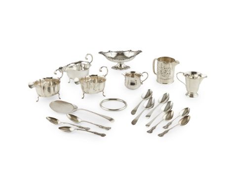 A group of mixed table silver to include;TWO various small cream jugs, a pair and single sauce boats, all first half 20th cen