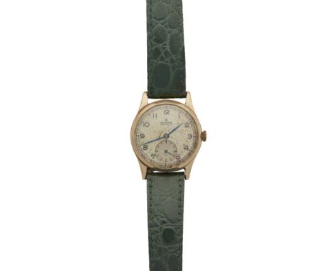 A gentleman's 1940s 9ct gold cased wrist watch, RolexRef. possibly 4130 matt silvered dial, Arabic numerals, arrow head hands