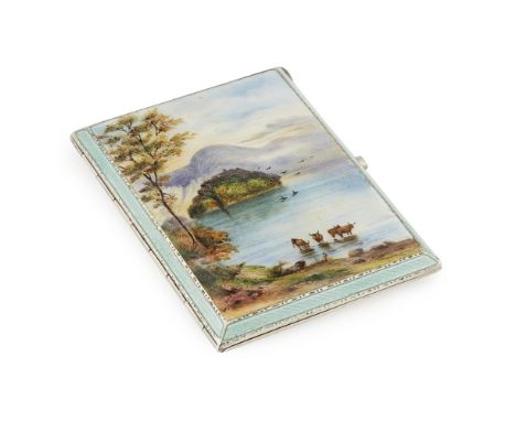A silver gilt and enamel card caseM.C.D., Birmingham 1853, depicting a highland scene, green guilloche border, engine turned 