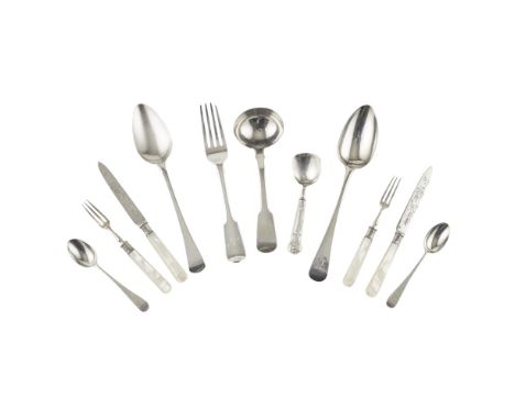 A group of mixed flatwareto include; a set of nine Old English pattern teaspoons; a George III caddy spoon, John Thornton, Bi