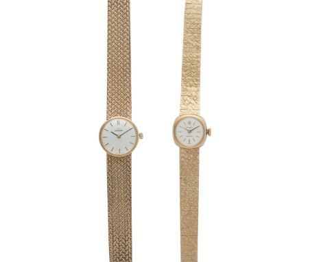 A lady's 9ct gold wrist watch, Rolexsmall off white dial, baton indicators, integral textured bracelet, fold over clasp, manu