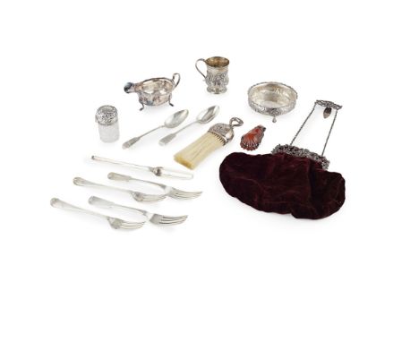A collection of silver to includea Victorian sugar basin, London 1898, of round form, beaded type border, foliate decorated s